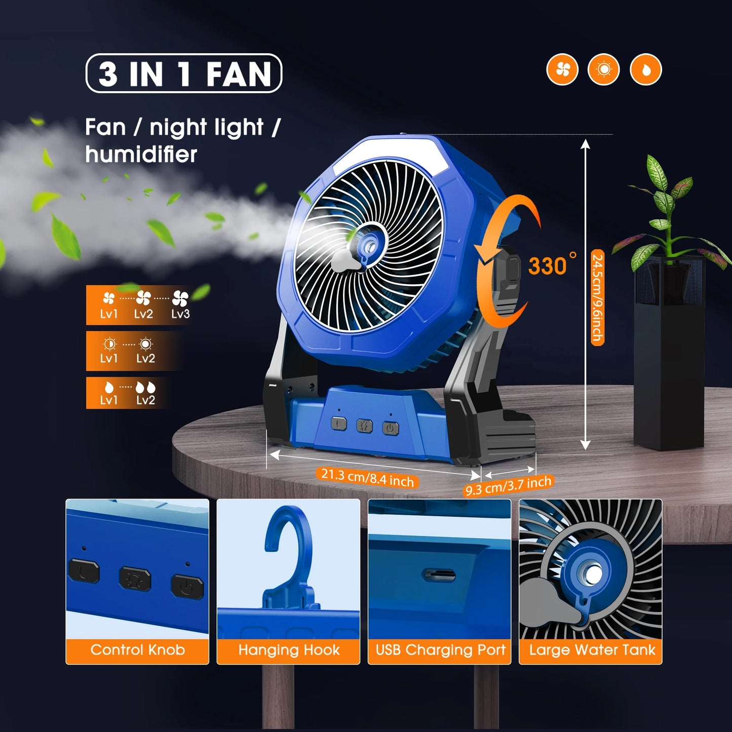 Portable Misting Fan, Outdoor Fans for Patios with Water Mist, 10000Mah Rechargeable Battery Personal Cooling Fan with Mister, 8-Inch, 250Ml Water Tank & LED Lantern, for Home, Outside, Camping Blue