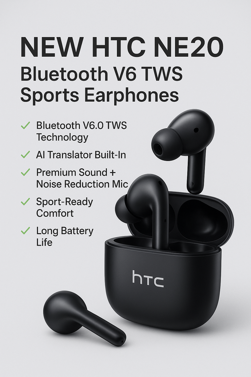 NEW for HTC NE20 Earphones Bluetooth V6 TWS Sports Wireless Headphones AI Translator Earbud In-Ear Noise Reduction Micphone