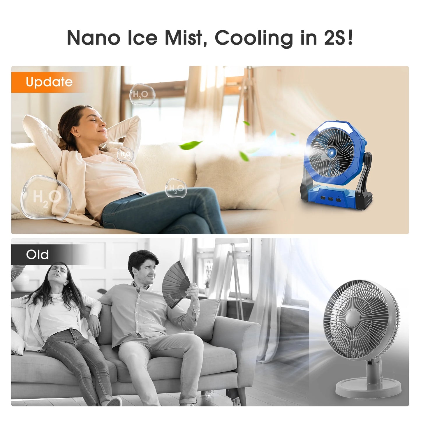 Portable Misting Fan, Outdoor Fans for Patios with Water Mist, 10000Mah Rechargeable Battery Personal Cooling Fan with Mister, 8-Inch, 250Ml Water Tank & LED Lantern, for Home, Outside, Camping Blue