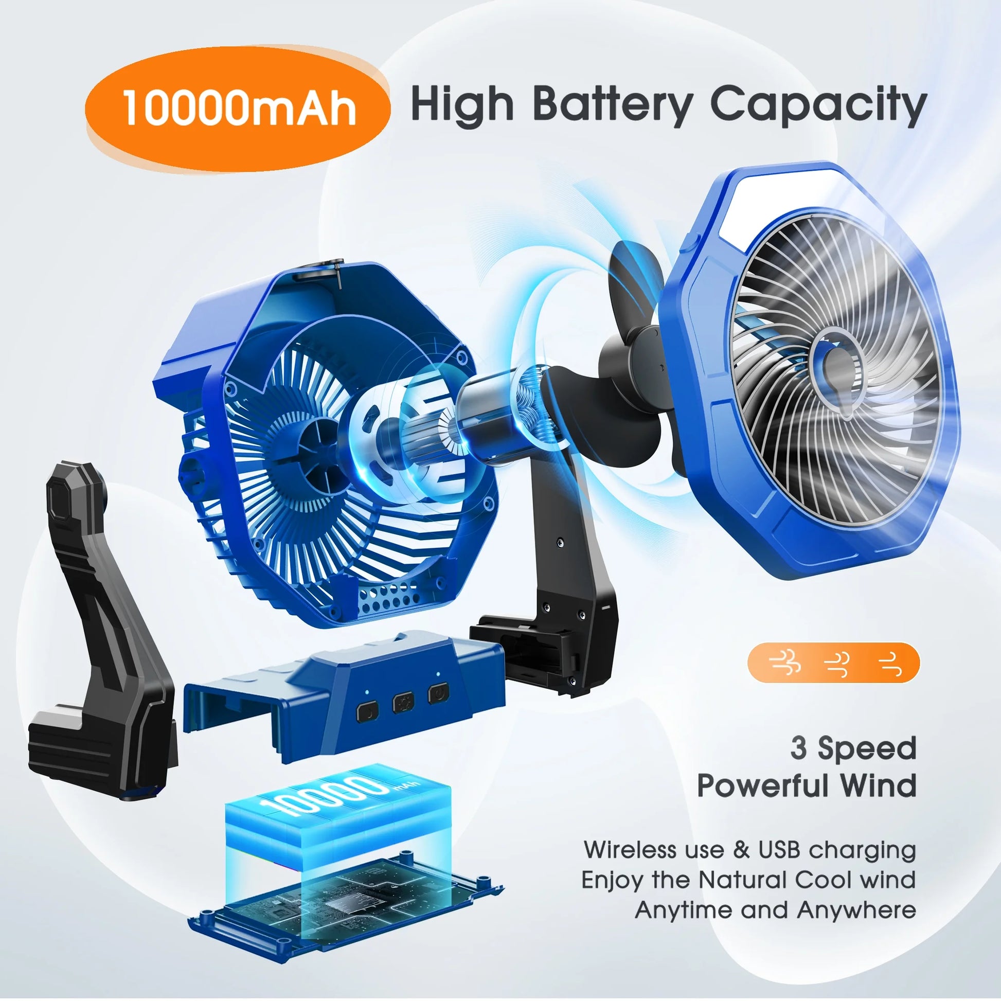 Portable Misting Fan, Outdoor Fans for Patios with Water Mist, 10000Mah Rechargeable Battery Personal Cooling Fan with Mister, 8-Inch, 250Ml Water Tank & LED Lantern, for Home, Outside, Camping Blue