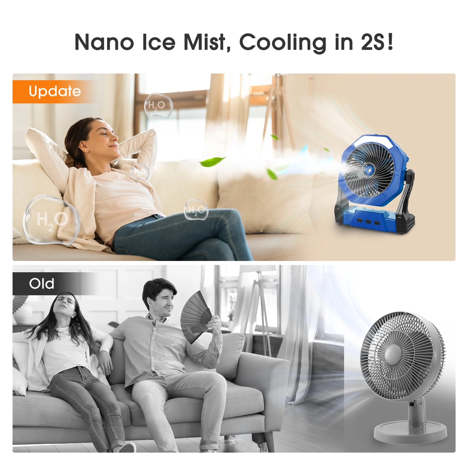 Portable Misting Fan, Outdoor Fans for Patios with Water Mist, 10000Mah Rechargeable Battery Personal Cooling Fan with Mister, 8-Inch, 250Ml Water Tank & LED Lantern, for Home, Outside, Camping Blue