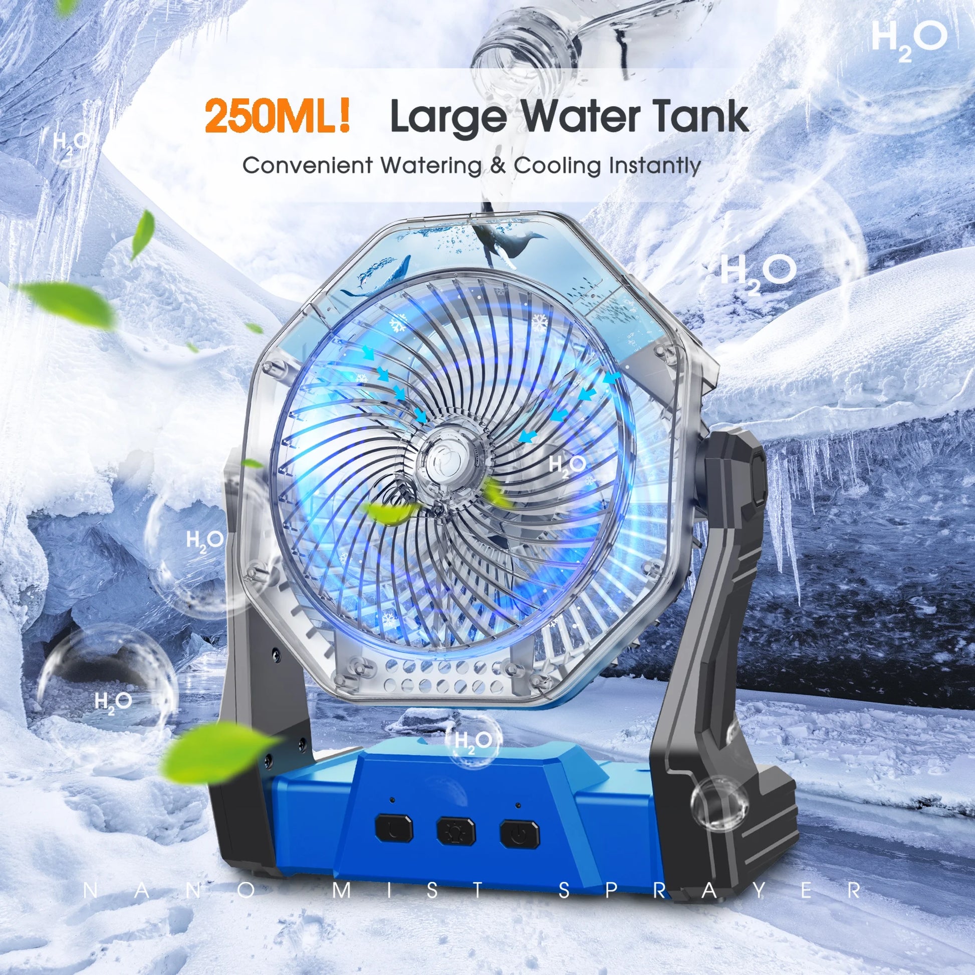 Portable Misting Fan, Outdoor Fans for Patios with Water Mist, 10000Mah Rechargeable Battery Personal Cooling Fan with Mister, 8-Inch, 250Ml Water Tank & LED Lantern, for Home, Outside, Camping Blue